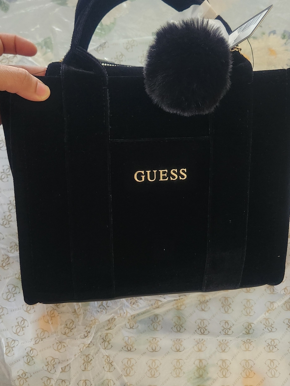 GUESS Black Velvet Tote Bag with Pom Charm